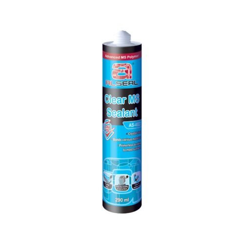 Clear MS sealant in a 290 ml tube, featuring a blue and black design with product information and application images.