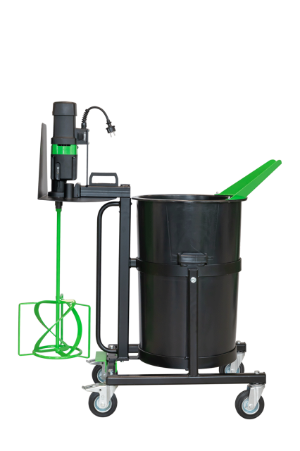 A black and green mobile mixing station with a large barrel and wheels for mobility.