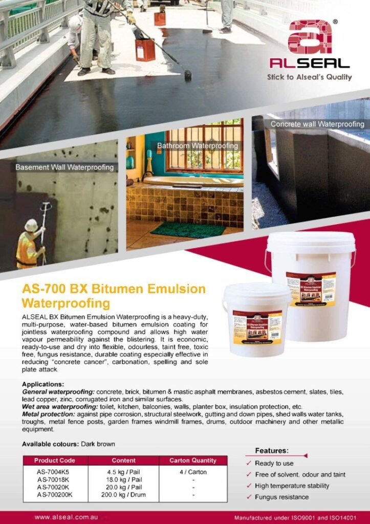 A poster featuring a construction site with an advertisement for ALSEAL waterproofing products. The text outlines various applications of the products, including waterproofing for bathrooms, basements, and metal protection. It lists features like being solvent-free and fungus-resistant and provides product codes and weights for different quantities available. The poster has a dark brown color scheme with technical details presented in a structured format.